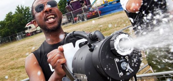 Man brandishing snow machine